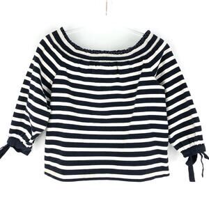 J. Crew Off the Shoulder Navy and White Striped Top with Tie Sleeve Detail S